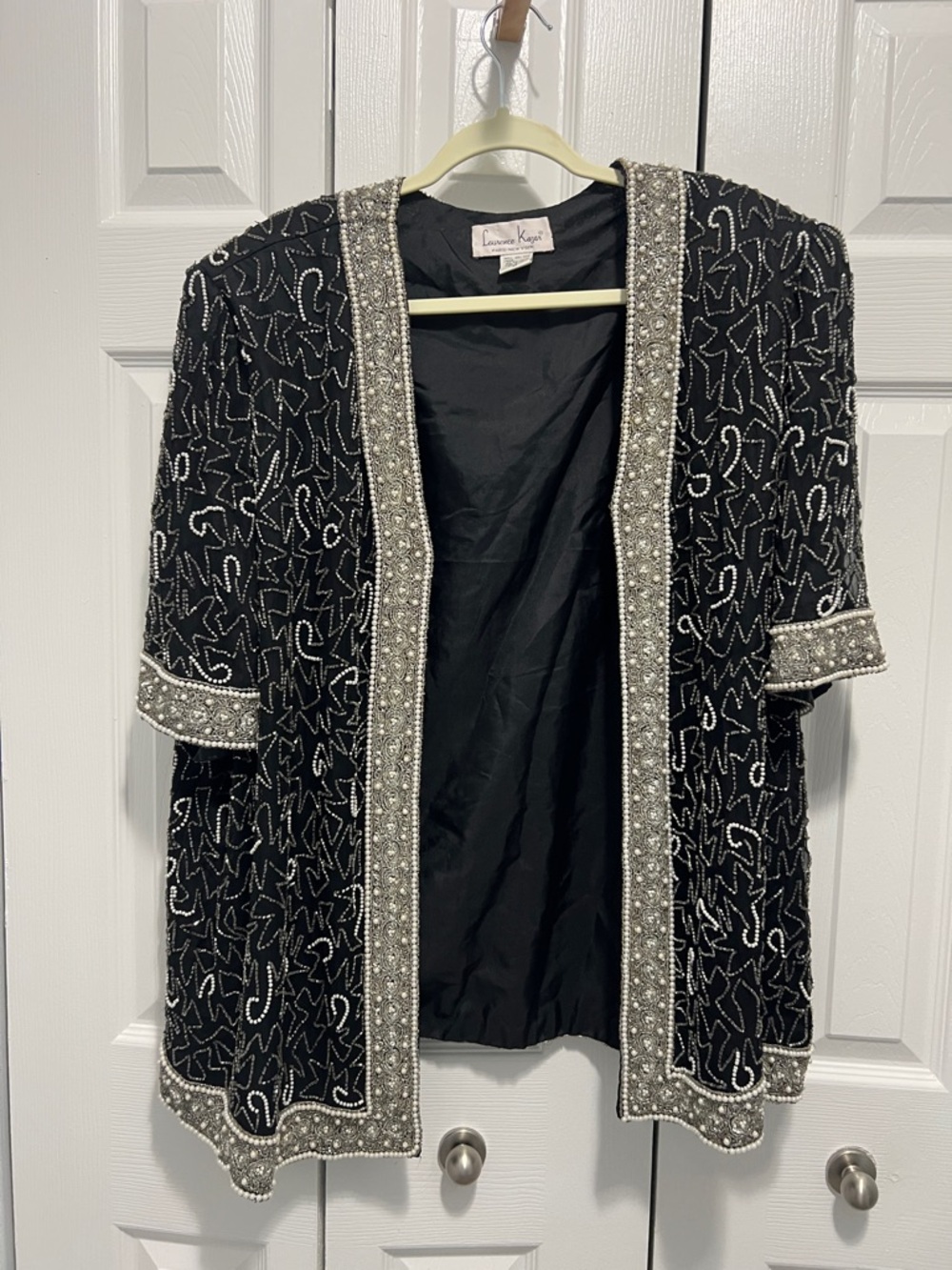 Laurence Kazar Black Beaded Open-Front Jacket with Silver Embellishment